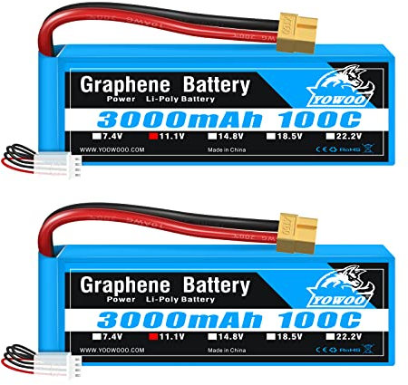 Yowoo 2 Pack Lipo Akku 3S 3000mAh 11.1V 100C RC Lipo Graphen Batterie mit XT60 Stecker für RC Flugzeug UAV Drohne FPV RC Hubschrauber RC Evader BX Auto RC LKW RC Truggy