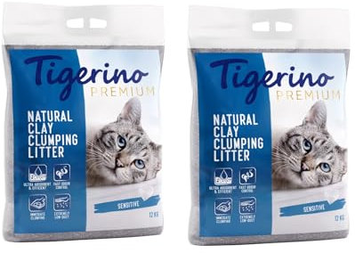Tigerino Premium Katzenstreu, ergiebige Klumpstreu aus Naturton-Granulat: feinkörnig, schnelle und Starke Klumpenbildung, bindet Gerüche (2 Stück, Sensitive)