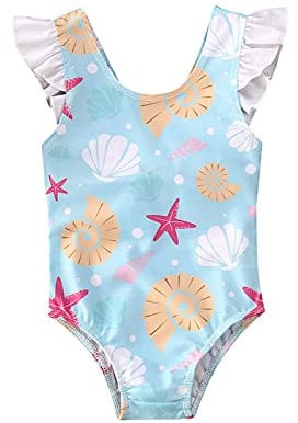 Costume da Bagno Intero Bambina Neonata Eativo Maniche Volant Stampa Conchiglie senza Schienale Mare Spiaggia Piscina (0-3anni) (Blu, 6-12mesi)