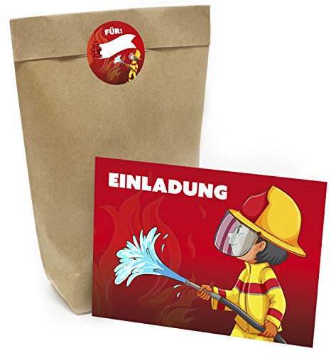 Feuerwehrmann Kindergeburtstag Einladung Set mit je 8 Einladungskarten, Umschlägen, Tüten und Aufkleber - Motiv Feuerwehr