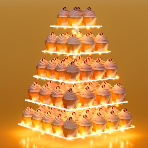 weddingwish 5 Tier Acrylic Cupcake Stand with LED Light, Clear Cupcake Stand for 50 Cupcakes, Cupcake Holder Tower Dessert Table Display Set for Birthday, Baby Shower, Tea Party and Wedding Décor