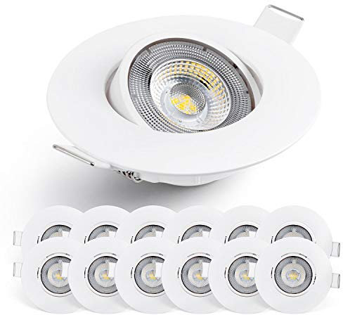 EMOS LED Einbaustrahler 230V, 5W / 450lm, 50° Schwenkbar, Kaltweiß 6500k (Tageslichtweiß) | Spot Flach 68mm Lochmaß | Set Mit 12 Stück 230V, Rund (Farbe Weiß)
