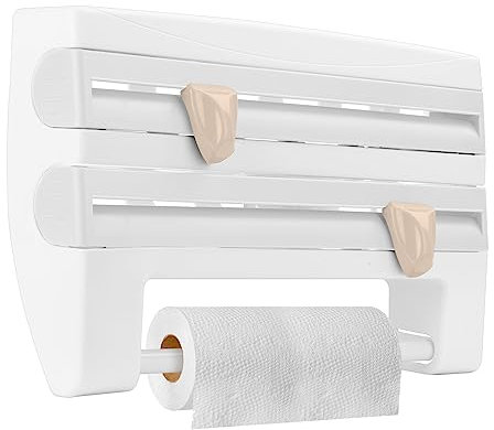 AllRight Wandrollenhalter Plastik Wand-Rollenhalter für 3 Rollen Bequem Praktisch Frischhaltefolie Schneidabroller mit messerscharfen Klingen für Küche Restaurant Hotel Bar (Weiß)