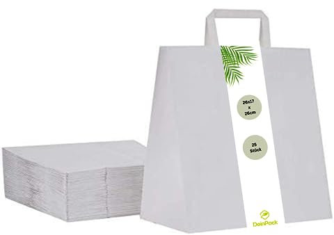 DeinPack Umweltschonende Papier Tragetaschen weiß I Papiertüten Geschenktüten Papiertragetaschen biologisch abbaubar, kompostierbar I 25 x weiß Papier Tüten 26 x 17 x 26 cm