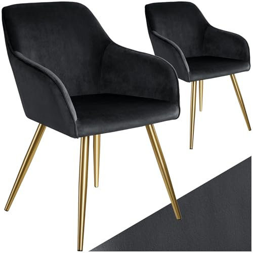 TecTake® Lot de 2 Chaises de Salle à Manger Rembourrées Modernes - Fauteuil Salon Velours Scandinave Avec Accoudoirs - Pieds en Acier Doré Élégant - Pour Coiffeuse, Chambre