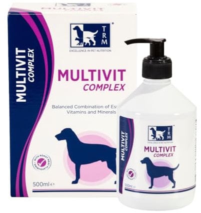 TRM PET Multivit Complex (500ml). Balanced complementary feed containing essential vitamins and minerals needed for general good health, energy and vitality and is suitable for all breeds and ages.