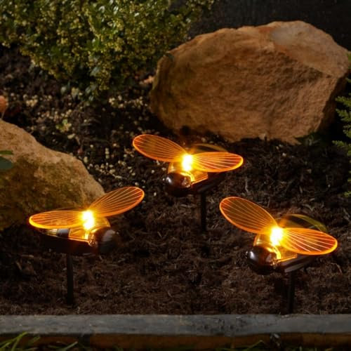 Garden Mile Set Of 3 Bee Outdoor Lights Solar Powered Brightly Coloured Solar Garden Lights Outdoor Waterproof Ideal For Flowerbeds Borders Driveway Pathway Lighting Decorations