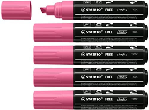 STABILO FREE Acrylic - Marker acrilico - T800C Punta a scalpello 4-10mm - Confezione da 5 - Rosa