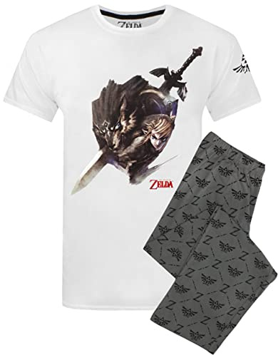 The Legend of Zelda Pyjamas For Men | Adults Nintendo White T Shirt & Charcoal Lounge Pants Set | Wolf Link Gaming PJS Merchandise