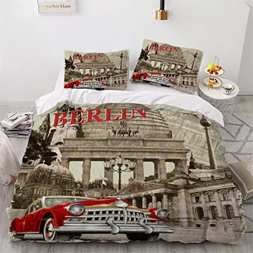 RLYXGS Retro-Auto Bettwäsche Set Kinder Jungen Teens 135x200cm 3D Berliner StraßEnszene Bettbezug Mikrofaser Weicher Mädchen Betten Set Mit Reißverschluss Raumdekor 3 Teilig mit 2 Kissenbezügen