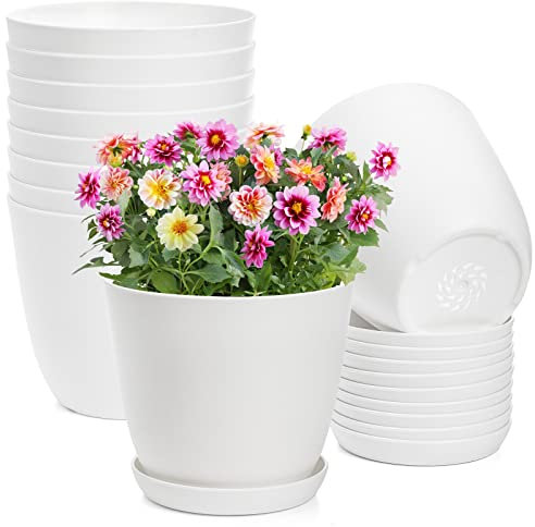 Elsjoy 10 Stück 16cm Kunststoff Blumentopf mit Drainageloch und Untersetzer, Weiß Pflanztopf Deko Sukkulenten Pflanztopf Bonsai Topf für Zimmerpflanzen Garten Indoor Outdoor