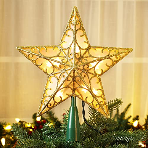 Brizled Gold Christmas Tree Topper, 9.5 3D Xmas Tree Star with 10 Lights
