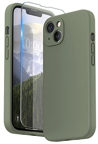 SURPHY Compatible with iPhone 13 Case with Screen Protector, Liquid Silicone Protection for Each Lens Shockproof Thickened Rubber Cover for iPhone 13 6.1 inch 2021, Olive Green