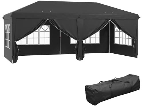 Outsunny 3 x 6 m Pop Up Gazebo with Sides and Windows, Height Adjustable Wedding Camping Party Tent Canopy Marquee with Storage Bag for Garden, Event, Black