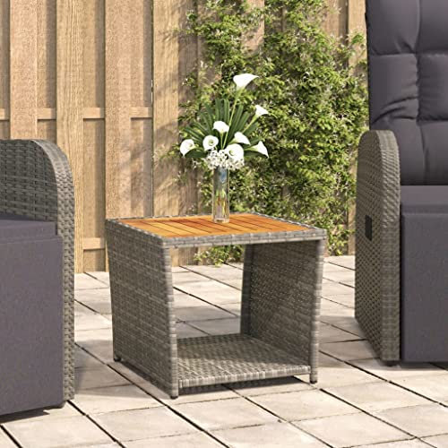 FIRBNUS 45x45x40 cm Garten Beistelltisch mit Holzplatte Couchtisch Balkontisch Terrassentisch Gartentisch Kaffeetisch Esstisch Grau Teetisch Wasserbeständiges Poly Rattan und Akazienholz