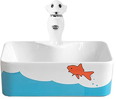 Vasque à Poser Evier de salle de bain Convient aux enfants, lavoir de rectangle mignon lavabo/éveneut de comptoir en céramique et ensemble de robinet 15.7 x 12 x 5,1 Lavabo de Salle de Bain