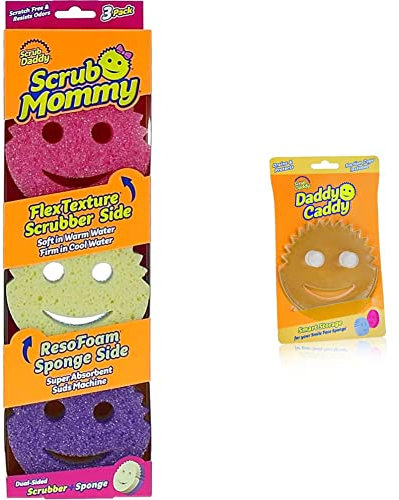 Scrub Daddy Scrub Mommy Assorted 3 Pack, Dual Sided Cleaning Sponges, Washing Up, Kitchen & Daddy Caddy Sponge Holder - Kitchen Sink Organiser for Scrub Daddy Cleaning Sponges