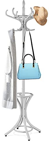 GIANTEX Garderobenständer 184cm, Kleiderständer Jackenständer mit 12 Kleiderhaken & Schirmständer, Garderobe Kleiderbaum Holz freistehend, Standgarderobe für Flur, Schlafzimmer, Wohnzimmer (grau)