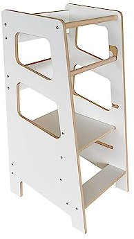 BABYLIKE Montessori Lernturm für Kinder | Lernstuhl ab 1 Jahr | Learning Tower | Tritthocker mit 2 Stufen & verstellbaren Fachböden | 46x40x85 cm| Weiss