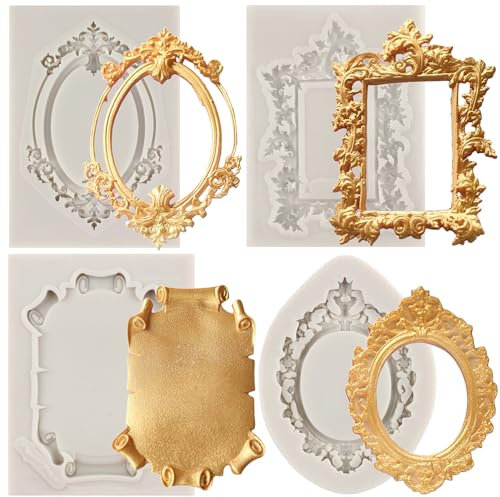 MYPRACS Picture Frames Silicone Mould Baroque Style Curlicues Scroll Lace Photo Frame Fondant Moulds for Cake Decorating Cupcake Topper Chocolate Candy Polymer Clay Set of 4
