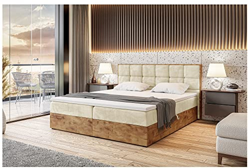 MEBLINI Boxspringbett mit Bettkasten - Gepolstert Doppelbett mit Matratze und Topper - Polsterbett mit Stauraum - Bett mit Kopfteil - Stauraumbett - Lofty 1-200x220 - H4/Beige Samt