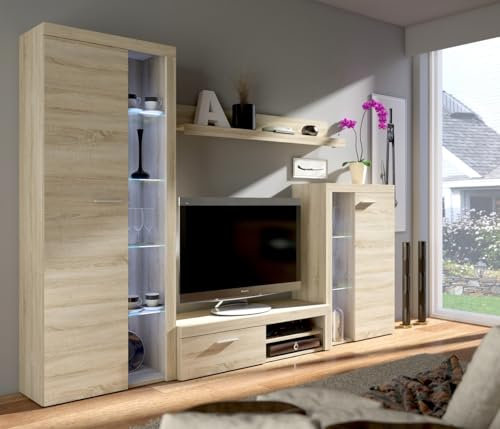 MEBLINE Wall Unit Rumba – Wohnwand Wohnzimmer RGB – Wohnzimmer Möbel – Wohnwand Modern – Lowboard Wohnzimmer – Wohnzimmer Schrankwand – Wohnzimmer Möbel Modern