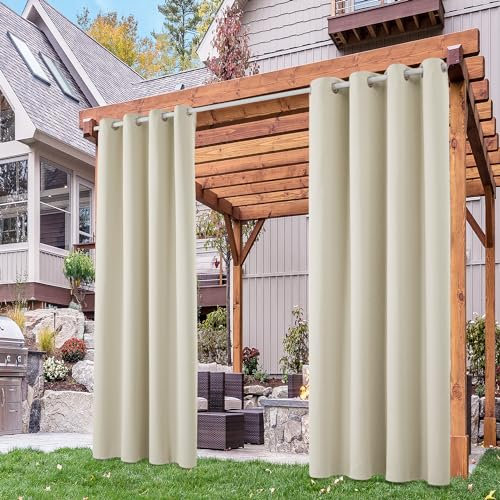 Deconovo Blickdicht Gardinen Outdoor Vorhang Wetterfest Outdoorvorhänge Wasserdicht Gardine Sonnenschutz Terrassen Sichtschutz für Balkon Pavillon, 270x140 cm(HöhexBreite), Hellbeige, 2er Set