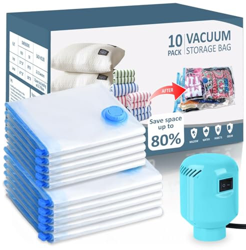 LKV Vacuum Bags for Clothes with Air Pump, 10 Pack (5Large/5Medium), Vacuum Bags for Duvets, Mattresses, Blankets, Pillows, Bedding, Travel, Moving