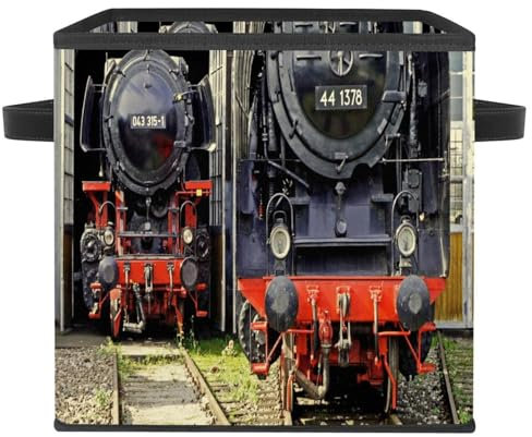 VAPOKF Faltbare Aufbewahrungsbox, Stoff-Aufbewahrungskorb, Würfel, Organizer, Behälter mit Griffen für Spielzeug, Kleidung, Bücher, Schrank, Schlafzimmer, Zuhause - Eisenbahn Dampfzug Lokomotive