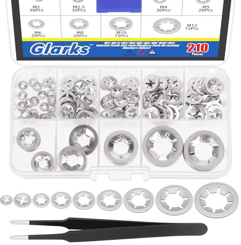 Glarks 210 arandelas métricas M2 M2.5 M3 M4 M5 M6 M8 M10 M12 304 acero inoxidable dientes interiores estrella bloqueo arandelas surtido surtido anillos empuje externos arandelas de bloqueo de