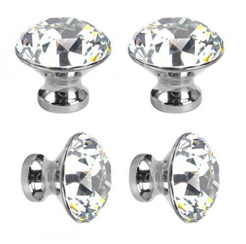Rapidbok Pomos de Cristal para Gabinete, 4 Piezas Tiradores para Cajones Vintage, 30 mm Tiradores para Muebles con Forma de Diamante de Cristal para Aparador, Armarios, Cocina, Baño, con Tornillos