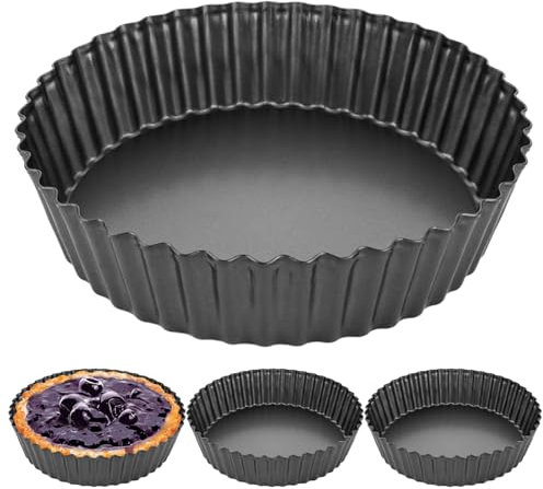 FWEEK Lot de 4 moules à tarte avec fond amovible - 24 cm - Anti-adhésif - Moule à quiche extra haut - Moule à quiche rond - Pour quiche, tarte et tarte - Gris foncé