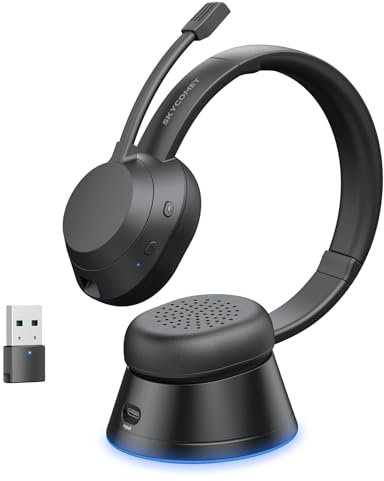 SKYCOMET Wireless Headset with Mic for Work, BluetoothV5.3 Headset with AI Canceling Microphone, Wireless Headset with USB Dongle and Charging Base for Work/Home/Call Center/PC/Computer/Zoom
