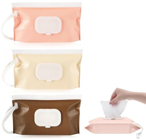 TELAIN Wet Wipe Dispenser, 3 Pack Portable Refillable Wet Wipe Container, Reusable Travel Wet Wipe Dispenser for Babies, Water and Dustproof (Red Pink & Cream & Brown)