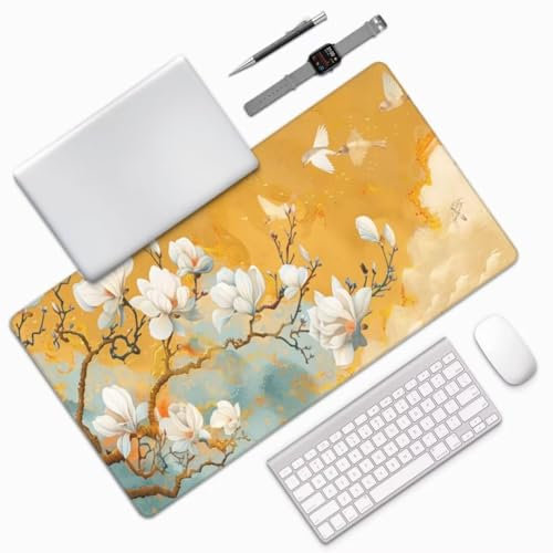 Yellow Mouse Mat Large Desk Mat 47.2x23.6 Inch, Vintage Flowers Mouse Pad Gaming Mousepad, Waterproof Keyboard Mat, Durable Desk Pad, Soft, Non-Slip Rubber Base Mouse Mats for Desk Office Gaming M239