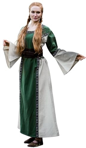 Leonardo Carbone® Damen Kleid Angie | Dekorative Bordüre | Seitliche Schnürung | Karneval, Halloween, Cosplay, LARP, Mittelalter, Kostüm, Gewand, Festkleid | 100% Baumwolle Grün/Natur 2XL