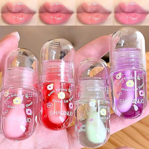 Pakivs 4Pcs Big Brush Head Lippenöl-Set, Lippenöl mit Fruchtgeschmack Ultra-feuchtigkeitsspendender, pflegender Lipgloss, glattes, glänzendes Finish Lip Glow Öl, nicht klebriger Lipgloss für trockene