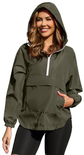 PESION Womens Packable Anorak Half Zip Waterproof Pullover Jacket, Waterproof Raincoat Lightweight Rain Jacket Windbreakers, Army Green, Medium