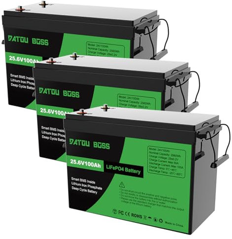 DATOUBOSS 3 * Batterie 24V 100Ah LiFePO4, Batterie Lithium avec BMS 100A, 4000-15000 Cycles Profondes, 2560Wh Energie, Prise en Charge en Connexion Série/Parallèle, pour Camping-Car, Système Solaire