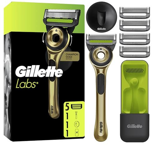 GilletteLabs With Exfoliating Bar, Razor For Men Champion Gold Edition, 1 Handle - 5 Blades, Includes Travel Case for Convenient Storage On The Go and Wall Hanger for Easy Storage in the Bathroom