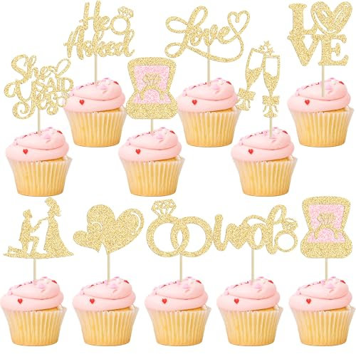 Ephlyn 30Pcs He Asked She Said Yes Cupcake Toppers Glitter Engagement Cupcake Toppers Diamond Ring Heart Love I Do Cupcake Picks for Engagement Wedding Party Cake Decorations Gold