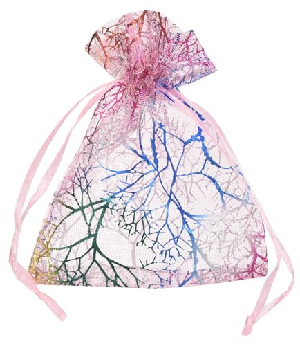 QUARKZMAN 100 Stück Organzasäckchen, 13x18cm Geschenksäckchen Schmuckbeutel Bunte Korallen-Muster Mesh Säckchen mit Zugband, Organzabeutel für Hochzeit Party Süßigkeiten, Roségold