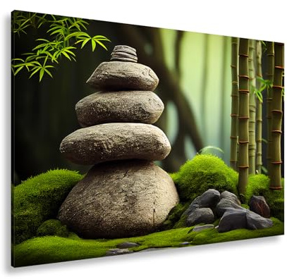 deyoli Leinwandbild Zen-Magie – Steine und Bambus in perfekter Harmonie. Format: 80x60cm XXL Kunstdruck Bild auf Keilrahmen/Wandbild/Wohnzimmer Dekoration