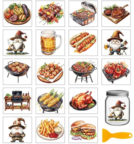GLOBLELAND 18 Blatt Barbecue Lebensmittel Abziehbilder Zum Basteln Kochzwerg Wasserdicht UV DTF Becherfolien Bier Hamburger Aufkleber Für Wasserglas Flaschen Vase Porzellan