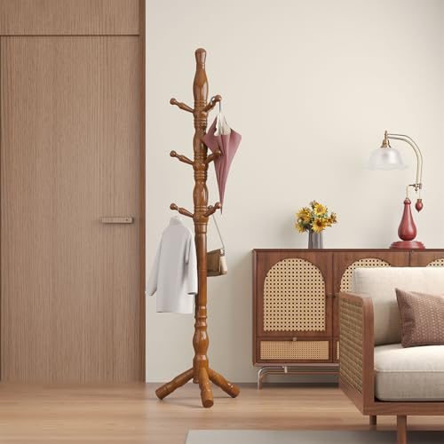 Multibao Sturdy Wooden Coat Rack Stand Vintage Posh Solid Wood 185cm with 9 Hooks Heavy Duty Free standing Hall Coat Hat Clothes Tree Stands for Hallway Entryway Bedroom Office (Warm Walnut Finish)