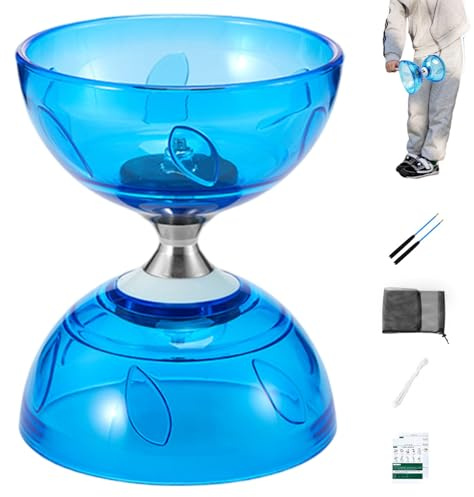Diabolo Chinois yoyo Set Portable Bleu Grand Grand Triple roulement Diabolo yoyo avec bâton de Jeu, Corde et Sac de Filet