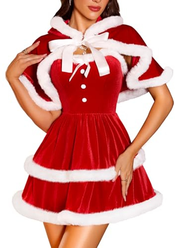 RSLOVE Weihnachten Kostüm Weihnachtsoutfit für Damen - Weihnachtsfrau Kleid Sexy Santa Babydoll mit Cape L