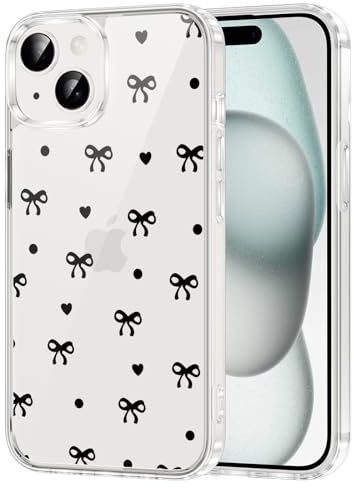 Yirlbey Handyhülle für iPhone 15 Hülle 6,1, Aesthetic Schleifen Herz Polka Dot Muster Motiv Design für Mädchen Schutzhülle Weiche Bunt Transparent Silikon TPU + PC Dünn Stoßfest Durchsichtig Case
