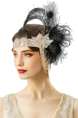 BABEYOND 20er Jahre Gatsby Stirnband - Feder Haarschmuck mit Goldenen Fransen für Karneval, Bälle und Hochzeiten Schwarz
