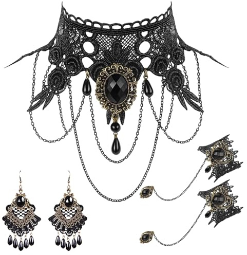 YyiFcg Gothic Schmuck, Gothic Choker, 1 Set Lace Schmuck Set Mit Ohrringen, Armband Und Halskette, Elegantes Design Für Besondere Anlässe, Hochwertige Materialien